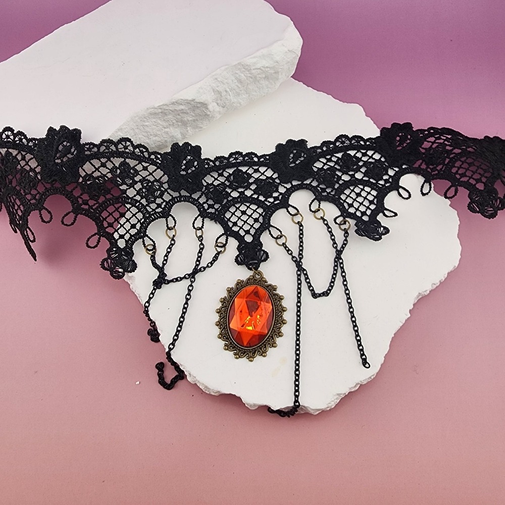 Black Lace Festoon Choker Necklace Orange Red Rhinestone Gothic Victorian Collar